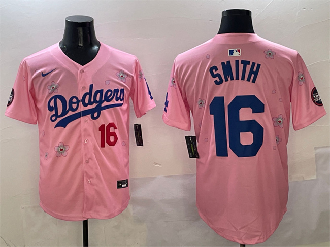 Men's Los Angeles Dodgers #16 Will Smith Pink 2025 Tokyo Series Limited Stitched Baseball Jersey Men's Los Angeles Dodgers #16 Will Smith Pink 2025 Tokyo Series Limited Stitched Baseball Jersey